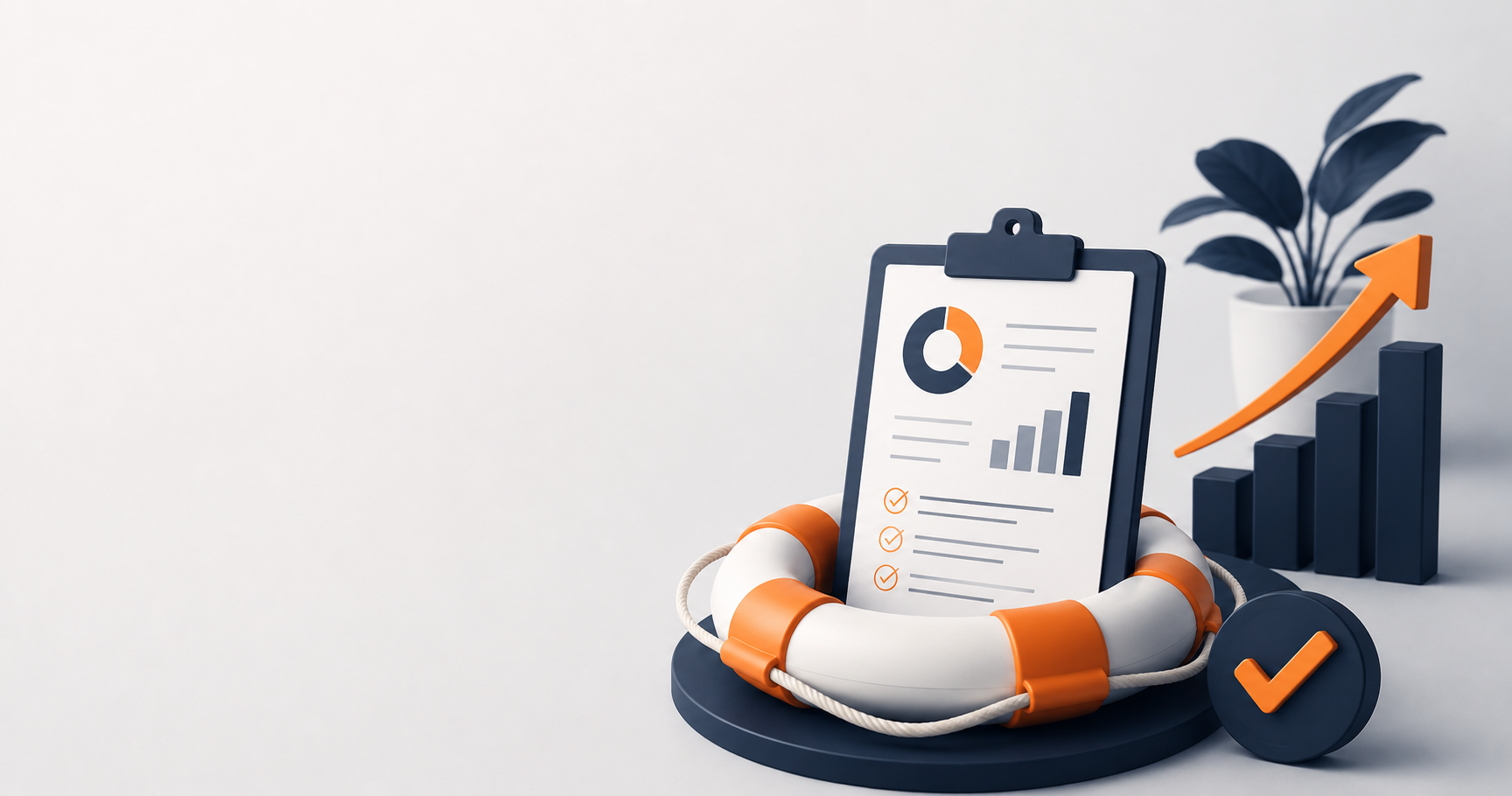 Moderne Illustration mit Rettungsring, Analyse-Clipboard, Checkmark und steigender Kurve als Symbol für die erfolgreiche Rettung offener Forderungen.